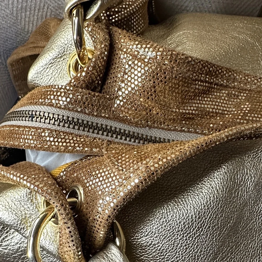 Sofia C. Luxurious Gold Shoulder Leather Bag with Leather Bag Charm